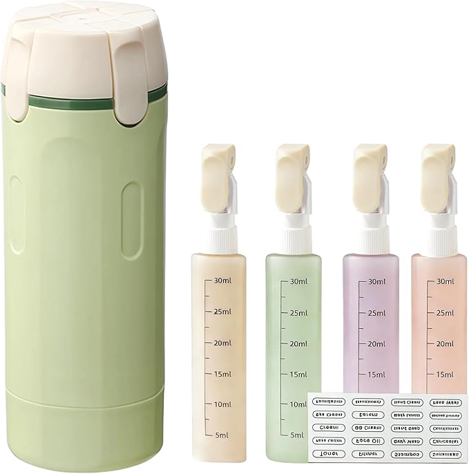 4 in 1 Travel Dispenser, 4 Pack 30ML Travel Bottles for Toiletries With label, Leak Proof Travel Size Containers, Portable Containers for Shampoo Lotion Conditioner Cream (Green)