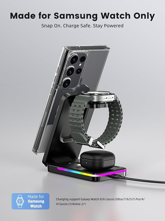 Magnetic Wireless Charger for Samsung Galaxy S26 Ultra, 3 in 1 Wireless Charging Station for Samsung Watch 8, Travel Foldable MagSafe Charger Stand for Android S25 Ultra/Z Fold/Z Flip 7, Buds 4 Pro