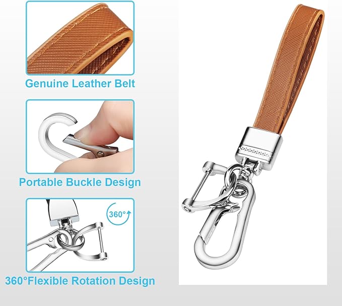 QBUC Genuine Leather Car Keychain,Universal Heavy Duty Metal Key Chain Accessories,Car Fob Key Keychain Holder with 360 Degree Rotatable Snap Swivel and Anti-Lost D-Ring for Men Women(Brown)