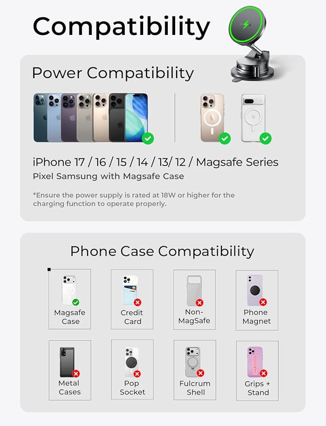 LISEN 15W Magsafe Car Mount Charger, Magnetic Wireless Car Charger, Suction Phone Mount, Vacuum Magnetic Phone Holder for Car Mount for iPhone 17 Pro Max 16 15 14 13 12, Samsung S26/S25, Pixel 10 Pro
