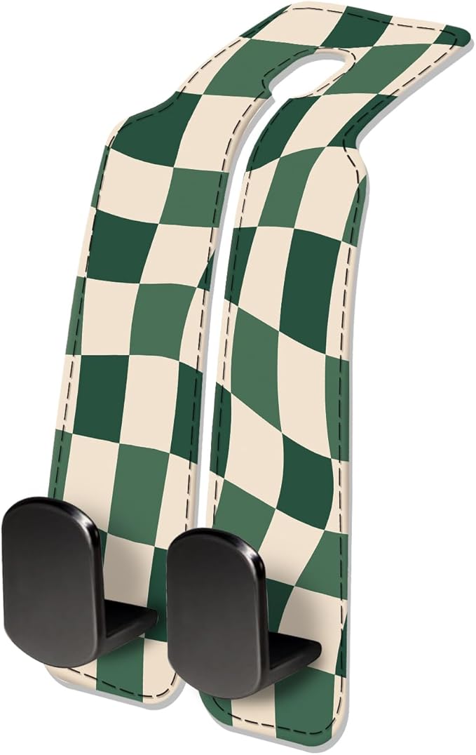 Car Seat Headrest Hook, Universal Leather Cute Hanger Holder Hook, Storage Organizer Interior Accessories for Purse Bags Handbag Luxury Green Plaid