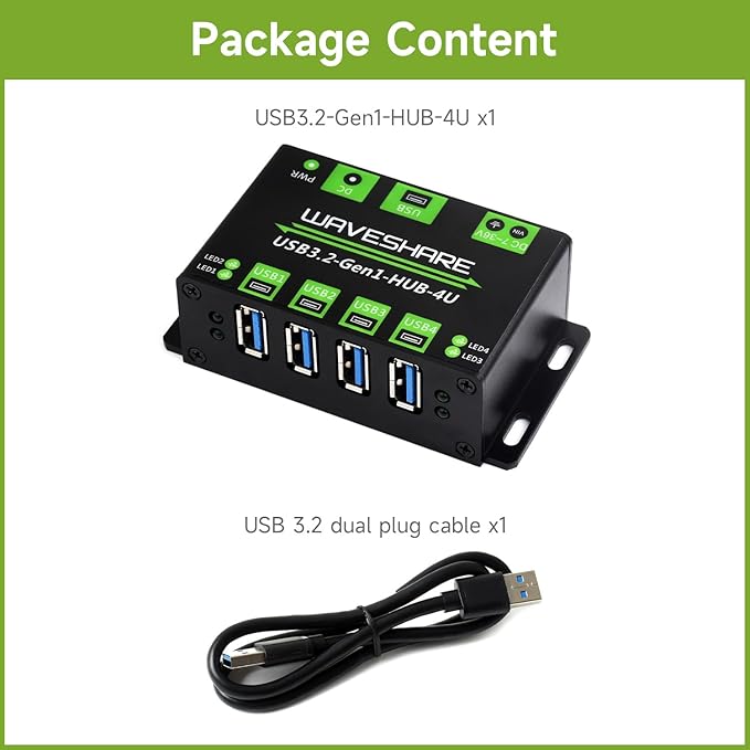Waveshare 4-Ch USB 3.2 Gen1 HUB, Compatible with Windows, macOS, Linux and Android, Metal Case with Wall-Mount Support, Driver-Free, Plug-and-Play