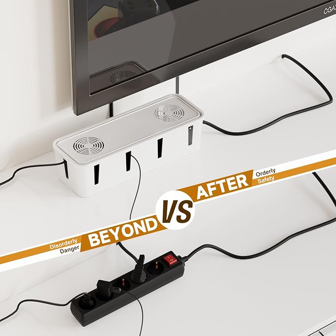 Cable Management Box, Cable Organizer Box and Power Strip Box, Power Strip Protector Box - Wire Box Hider for Desk - 10 Open Slots (White)
