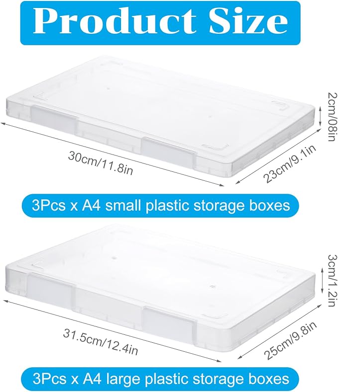 6Pcs A4 Plastic Paper Organizer Box, Clear A4 File Portable Project Case for 8.5"x11" Letter Paper, Plastic Scrapbook Paper Organizer Containers with Buckle for Craft Document Storage(3 Large&3 Small)