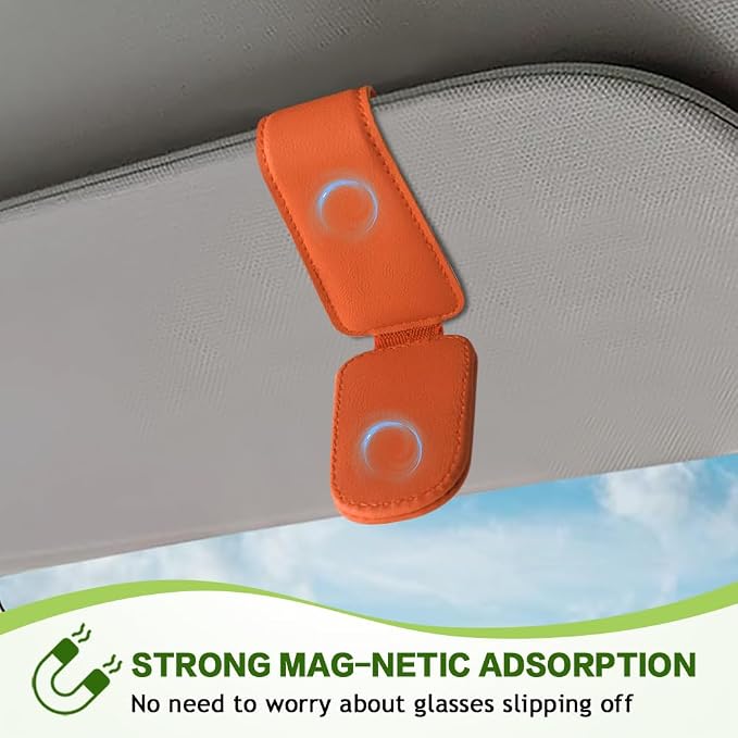 Sunglass Holder for Car, Sunglasses Clip for Car Visor, Magnetic Leather Vehicle Eyeglass Hanger Clip, Auto Ticket Card Glasses Organizer Clamp Accessories for SUV Sedan (Orange)