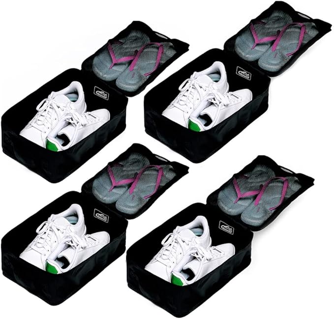 Travel Shoe Bags, Foldable Waterproof Shoe Pouches Organizer-Double Layer (4 Black Shoe Bags)