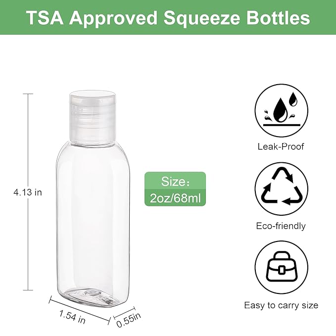 Travel Bottles for Toiletries 5 Pack 2oz TSA Approved Squeezable Travel Size Containers Leak-proof Shampoo and Conditioner Bottles Refillable Plastic Squeeze Bottle(Clear)