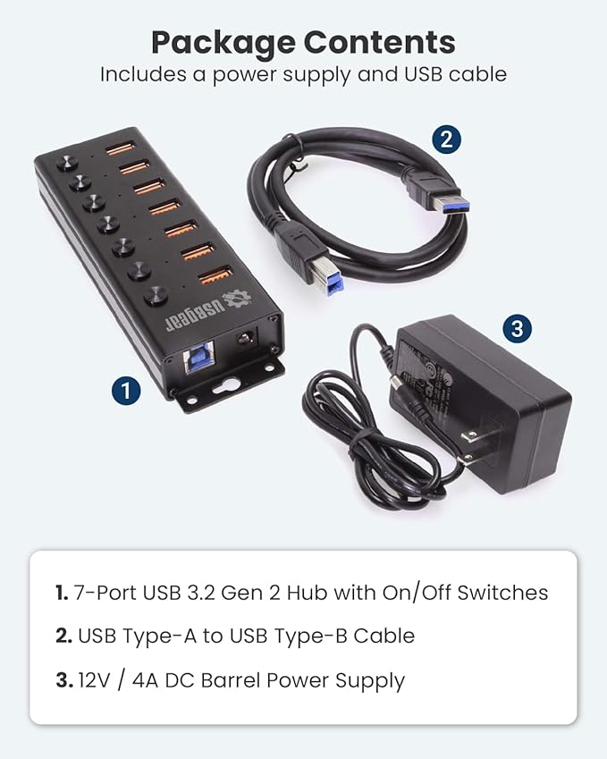 USBGear 7 Port USB Hub 3.2 Gen 2 – 10Gbps Charging Hub with Individual On/Off USB Ports for Laptop, PC, Desktop, 12V/4A Power Adapter with Type-A to Type-B Cable (3ft), Computer Accessories