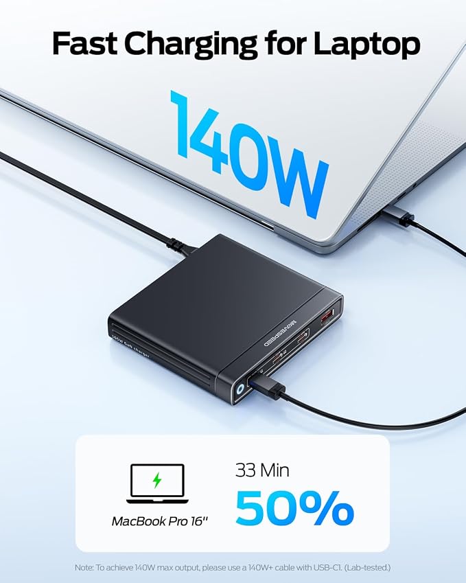 MOVESPEED 165W 4 Port Slim GaN Charging Station, 140W Single Port USB-C Fast Charger with Detachable 5ft Cable & 2 Stands for Laptops, Phones, Tablets (for MacBook/Dell/HP/Samsung etc)
