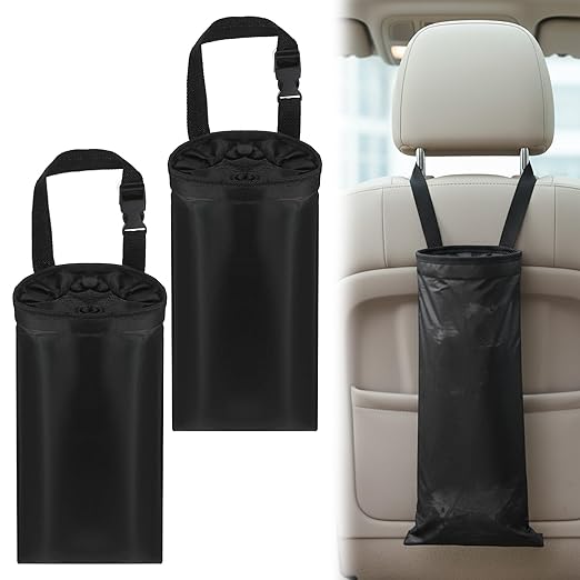2 Pack Car Trash Bag Hanging Washable Back Seat Car Garbage Bag with Top Elastic Vent & Sticky Strap Bottom Opening, Garbage Can with Waterproof Oxford,Detachable Trash Can for Cars,Travelling,Outdoor