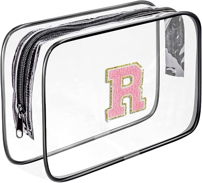 Clear Toiletry Bag,Portable Travel Toiletry Bag,Chenille Letter Cosmetic Bag with Zipper,Waterproof Makeup Bag,Cosmetic Storage Organizer for Women Men,Travel Essentials (Black,R)