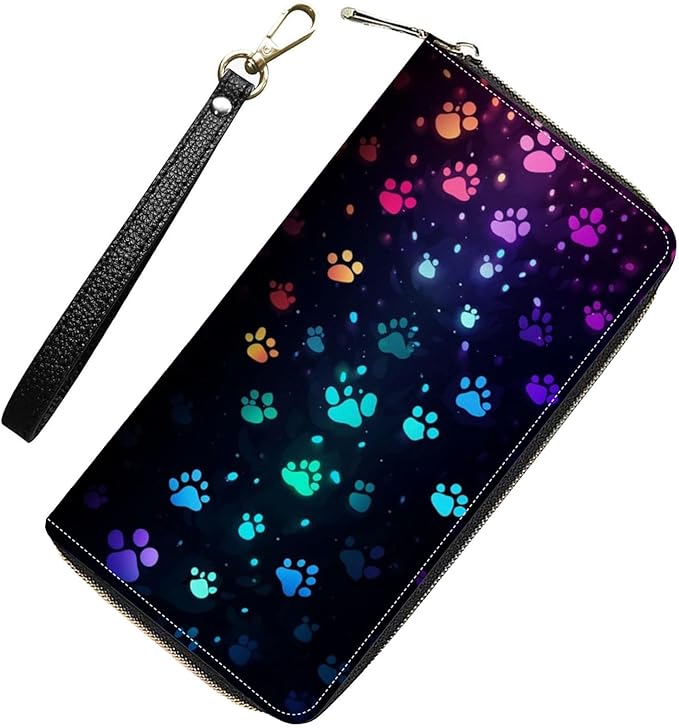 Womens Wallet,RFID Blocking Large Capacity Clutch,Zip Around Leather Purse with 8 Card Slots,Bill Compartments Coin Pocket - Colorful Dog Paw Prints