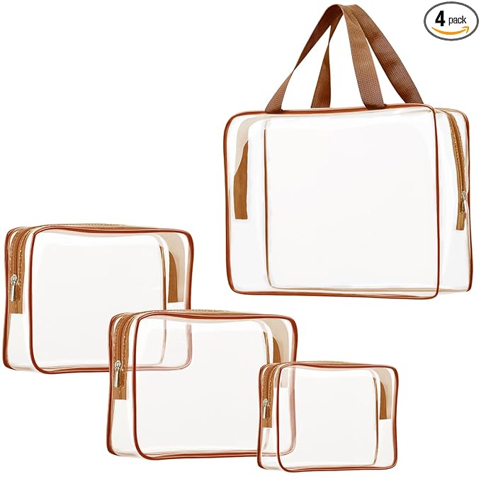4Pcs Crystal Clear PVC Travel Toiletry Bag Kit for Women Men, Waterproof Vinyl Packing Organizer Storage Bags with Zipper Handle Straps, Cosmetic Pouch Carry on Airport Airline Compliant Bag Handbag