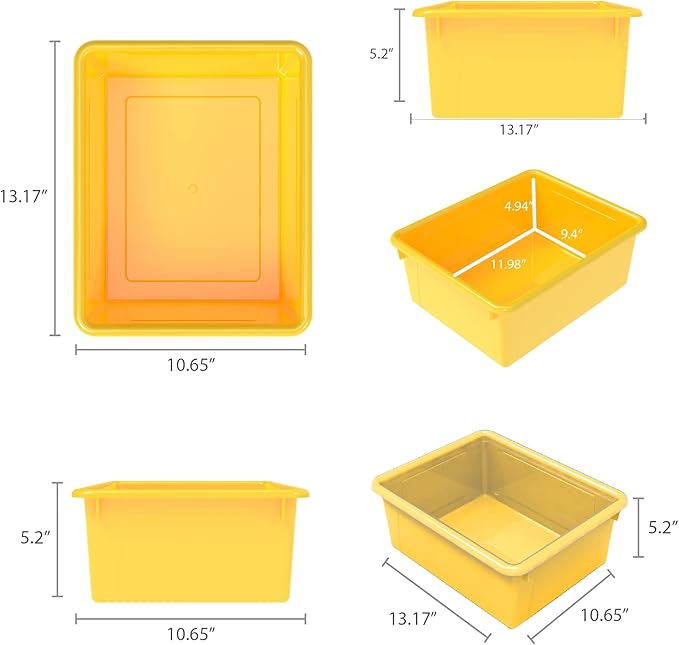 Storex Letter Size Deep Storage Tray – Organizer Bin with Non-Snap Lid for Classroom, Office and Home, Yellow, 5-Pack (62546A05C)