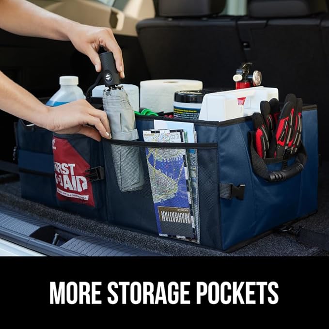 GORILLA GRIP Large Capacity Sturdy Trunk Storage Organizer, Slip and Water Resistant Collapsible Organization Container for Car Sedan or SUV, Multi Compartment Box Vehicle Accessories, Blue
