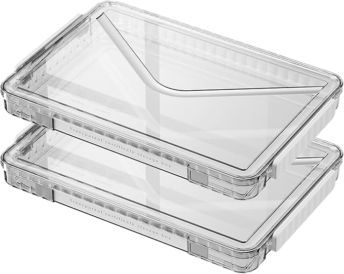 2 Pack Clear Plastic File Boxes w/Latching Lids, Stackable A4 Storage (‎White Latches, Small)