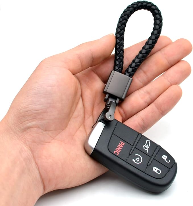 FEYOUN Universal Black Leather Car Fob Keychain Metal Keyring Woven Strap Braided Rope Key Chain for Men and Women - Matte Black Color, with 360 Degree Rotatable D-ring and Screwdriver