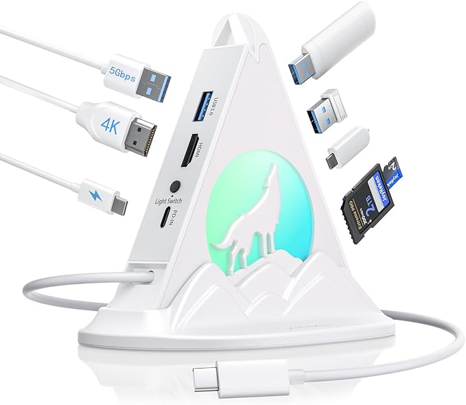 USB C Hub, 8 in 1 USB C Hub Multiport Adapter with 4K HDMI, PD 100W, 5Gbps Type C 3.0, 3xUSB A 3.0, SD/TF Card Reader& RGB Lighting, White Docking Station for MacBook Air/Pro, HP, Laptop, PC(Wolf)