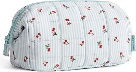 BAGSMART Makeup Bag Travel Toiletry Bag, Puffy Padded Make Up Bags for Women Makeup Organizer Case, Wide-open Pouch Purse Travel Essentials Toiletries Accessories Brushes, Ditsy Cherry