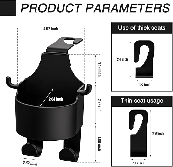 2 Pack Car Seat Headrest Hook with Cup Mount, 3 in 1 Multifunctional Vehicle Storage Hook Replacement, Universal Waterproof Automotive Organizer Accessories for Truck SUV Car (Black)