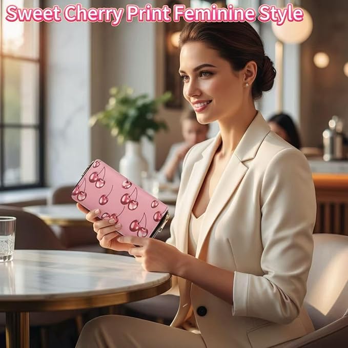 Women Cherry Print Long Wallet, Dual Zipper Large Capacity PU Leather Card Holder Clutch Purse for Daily & Travel