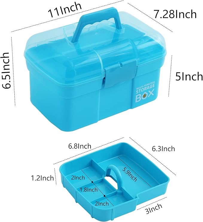Kinsorcai 11'' Plastic Storage Box with Removable Tray, Multipurpose Organizer and Storage Case for Art Craft and Cosmetic (Blue)
