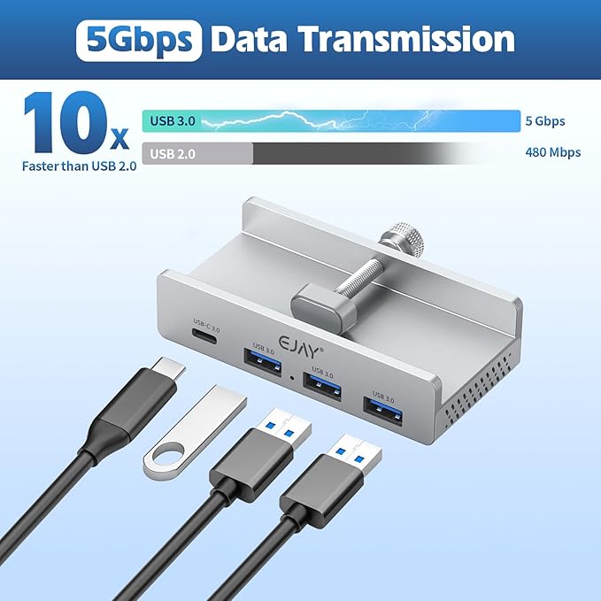 EJAY Mountable 4Ports USB3.0 HUB Alu Desktop Clamp Type C USB3.0 Splitter for Desk/Monitors with Extra Power Supply Port,59inches Data & 39inches Power Cables-5Gbps, Silver