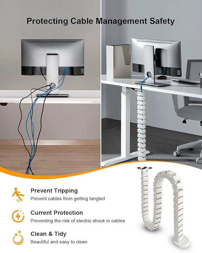Under Desk Cable Management Vertebrae Fit for Sit Stand Desk Management, Magnetic Fixation Adjustable Length Cable Management Spinal, Flexible Chain Raceway White