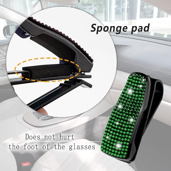 Turcee Set of 2 Bling Rhinestone Car Sun Visor Glasses Holders with Anti-Scratch Sponge,Car Decoration for Women Girls,Ticket Card Clip Visor Organizer (Green)