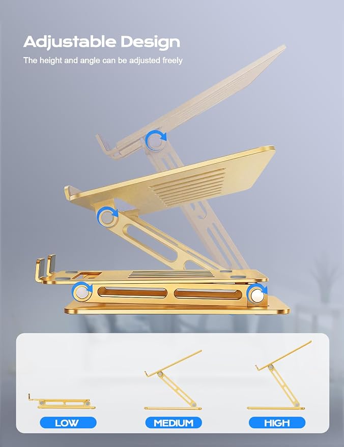 LOXP Aluminum Laptop Stand, Portable Laptop Riser, Adjustable Laptop Stand for Desk Foldable, Ergonomic Computer Notebook Holder for Desk, Office Desk Accessories (10-15.6'') - Gold