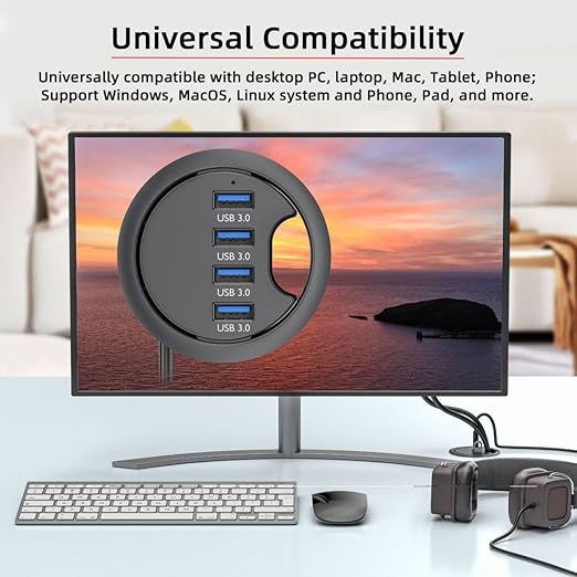 ChenYang USB 3.0 Flush Mount Desktop HUB,4 USB 3.0 Port HUB Grommet Hole 2.36"(60mm)