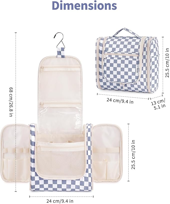 Narwey Checkered Hanging Travel Toiletry Bag for Women, Travel Bag for Toiletries, Makeup Bag Organizer Cosmetic Bags Make Up Bags for Women (Grayish Blue Checkerboard)