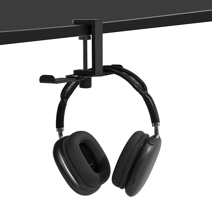 2 Hooks Aluminum Foldable Headphone Holder for Desk, Headset Stand for Desk,Backpack Holder Hook for Desk,Table Bag Hook,Under Desk Clamp Hook for Gaming PC Accessories,Black