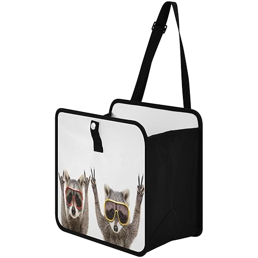Funny Raccoons Sunglasses Animal Foldable Hanging Car Trash Bag Bin Auto Garbage Can Leak-Proof Car Organizer(Large)
