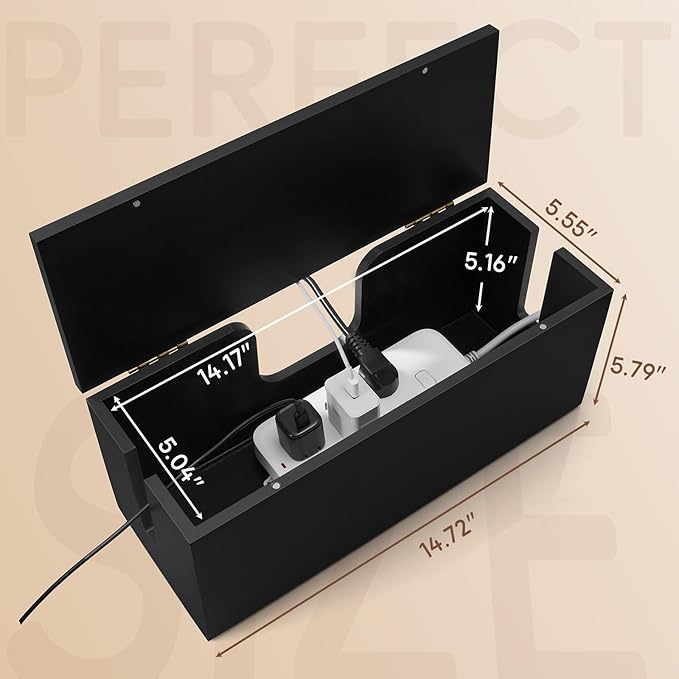 Large Cable Management Box - Wood Cable Organizer Box and Power Strip Box for Electrical Cord Management - Hide Desk Cord and Floor Cables - Wire Storage and Organization for Cords, Black