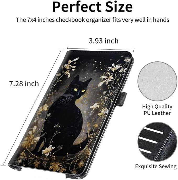 FUYOCWE Leather Checkbook Covers for Men Women Check book Holder Cover Wallets for Personal Checkbook Duplicate Checks with RFID Blocking & Elastic Strap,Black Cat with Gold Floral