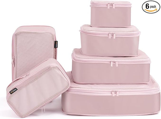Compression Packing Cubes for Travel, 6-Piece Set (Large/Medium/Small), Double-Zip Luggage Organizers for Suitcase & Carry-On, Clothes Storage Bags (Dusty Pink, 6 Pack)