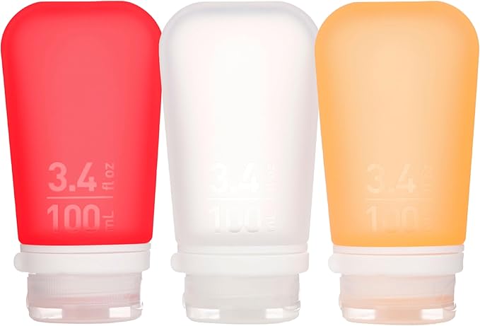humangear GoToob+ Bottles - Silicone Leak-Proof Travel Tubes for Toiletries, Camping & TSA Carry-On (3-Pack), Large (3.4 fl oz; 100ml), Clear/Red/Orange