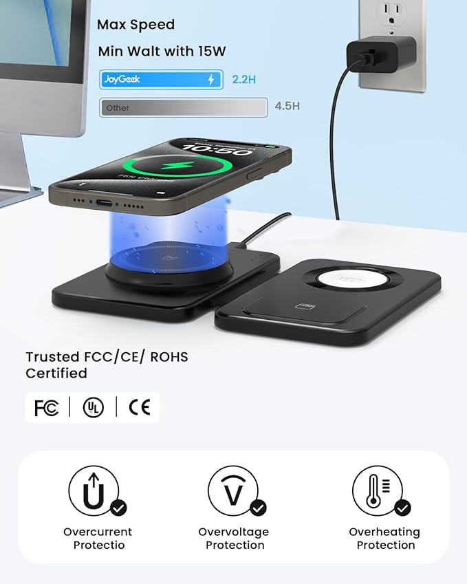 Charging Station Magnetic for iPhone Mag-Safe: JoyGeek 3 in 1 Foldable Wireless Charger for iPhone 17-12 Pro Max Plus, Travel Charger for AirPods, A-pple Watch 11-2 Series