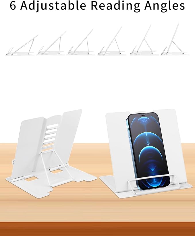 MSDADA Small Desk Book Stand Metal Reading Rest Book Holder Adjustable Cookbook Documents Holder Portable Sturdy Bookstands for Recipes Textbooks Tablet Music Books(White)