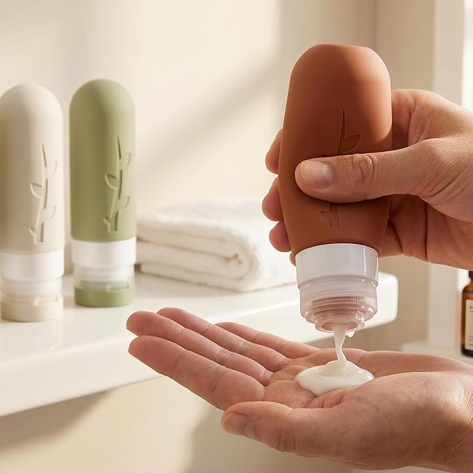 DEPOZA Travel Bottles Kit (16 Pack) - TSA Approved, Leak Proof Silicone Squeezable Containers for Toiletries. Complete Set with Jars, Sprayers & Bag (Earthy brown)