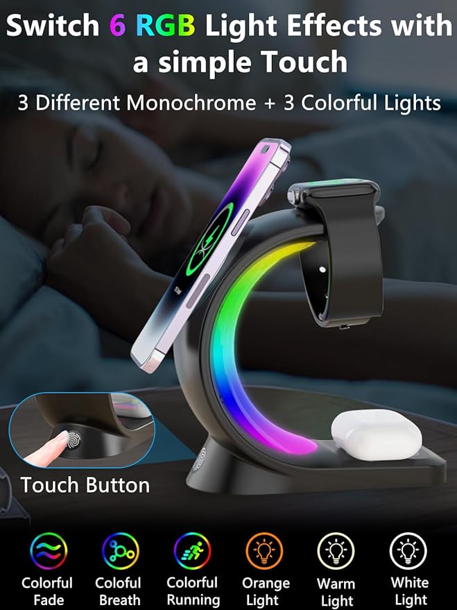 3 in 1 Wireless Charging Station, [6-Color RGB Light] 15W Fast Magnetic Wireless Charger Stand for Multiple Devices Apple, for iPhone 17/Air/16/15 Pro Max, for iWatch 2 to 9