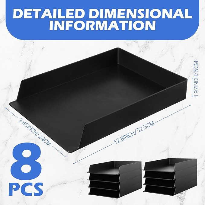Wenqik 8 Pcs Stackable Paper Trays Rectangular Plastic Desk Holder Desktop Document File Organizer Storage Letter for Office Classroom (Black)