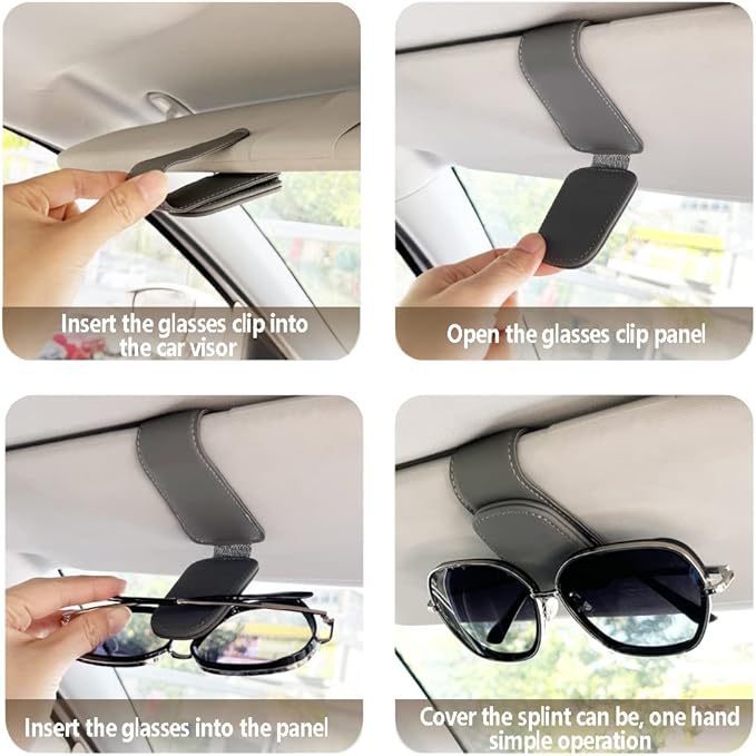 2Pcs Sunglass Holder for Car, Magnetic Leather Eyeglass Hanger Clip for Car Sun Visor, Sunglasses Holder and Ticket Card Clip for Car Visor Accessories (Gray)
