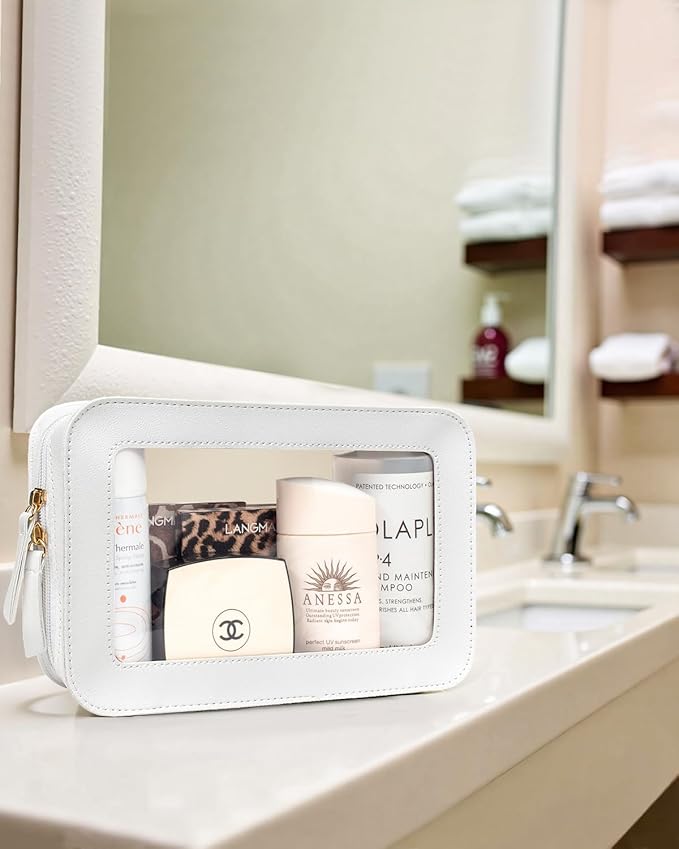 LETGO Clear Makeup Bags, TSA Approved Toiletry Bag with Zipper, Portable Make Up Organizer Traveling Compact Car Bag for Essentials(Clear-White)