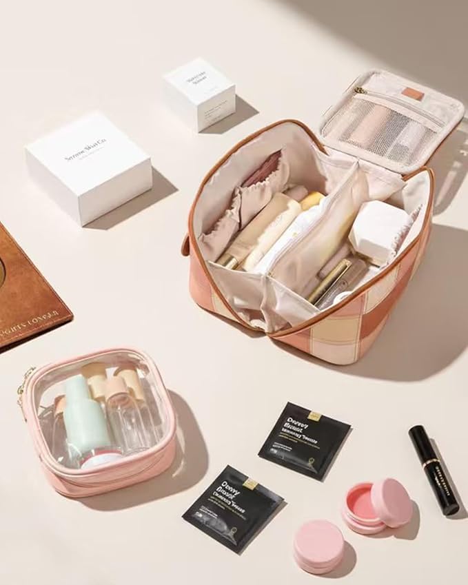 Travel Makeup Bag Organizer with TSA Approved Clear Pouch, Large Capacity Cosmetic Case with 180° Wide Open Design, Portable Toiletry Bag with Dividers for Brushes & Toiletries