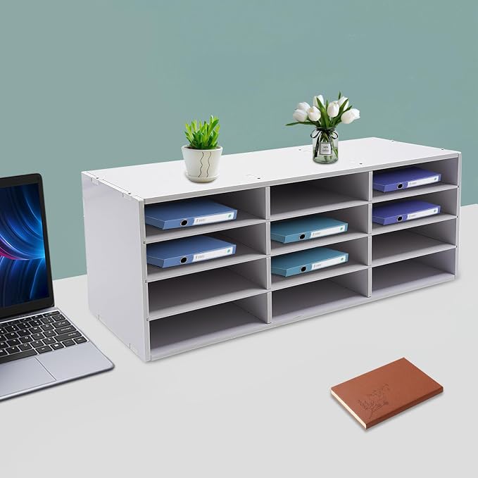12-Slot Desktop Organizer, Minimalist Design Mailbox, File Sorter w/Top Platform for Hold Cables/Files/Keys, Desktop Bill Paper Organizer for Office & Home(White, 12 Slot, Style 2)