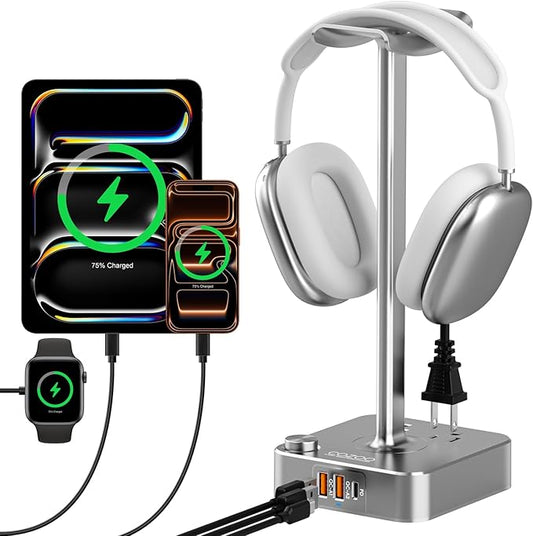 Headphone Stand with PD Fast Charger & QC3.0,Gaming Headset Holder with 3 USB Ports 2 AC Outlets for Desk,Cool Gamer Gifts for Men,Boyfriend,Teen Boys,Friends – Perfect Gaming Accessories & Room Setup