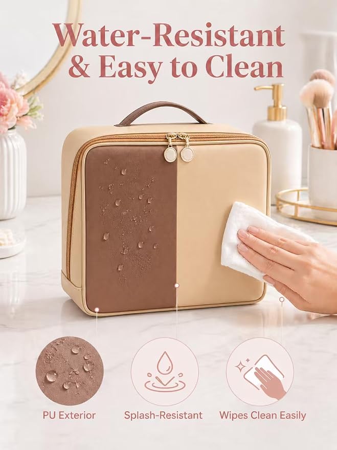 Large Travel Makeup Bag for Women, Large Makeup Bag Organizer with Brush Compartment, Upright Cosmetic Bag and Toiletry Bag, Wipe-Clean PU Makeup Pouch, Brown