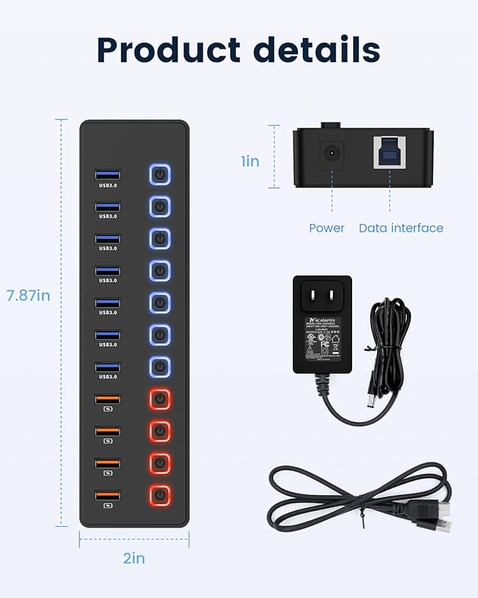 Powered USB hub,USB hub，11-Port hub Splitter (7 USB 3.0 Data Transfer Ports + 4 Smart Charging Port), Independent Switch (with LED Working Indicator) USB 3.0 Hub Powered with Power Adapter for Mac/PC